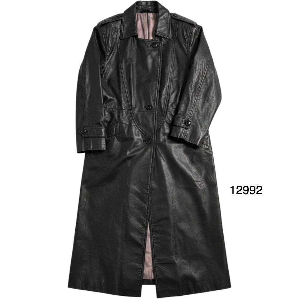 Vintage Leather Trench Coat Womens S Black Excellent Long Duster Korea